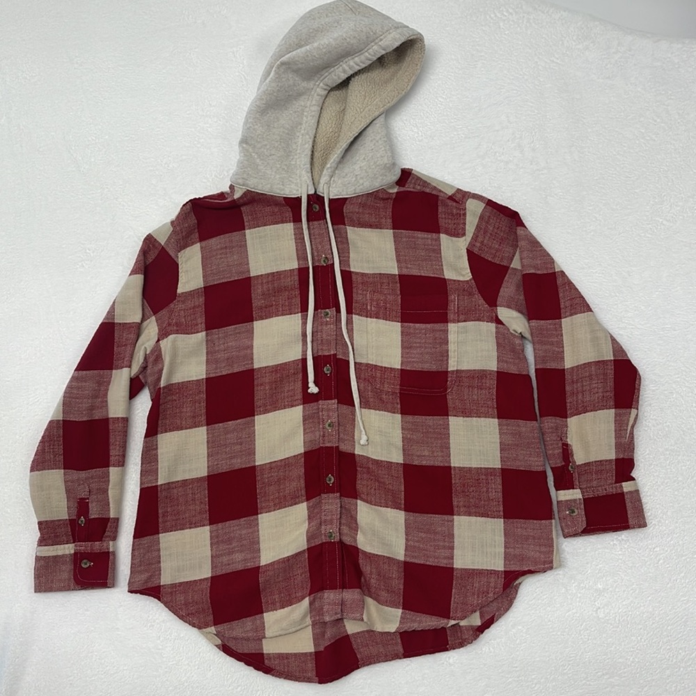 American Eagle Red Plaid Check Button Front Hooded Shirt Womens Large